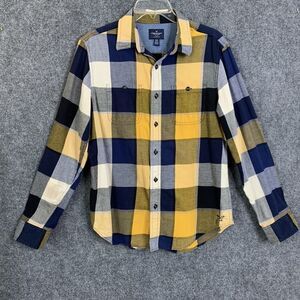 American Eagle Outfitters Button Up Shirt Men M Block Plaid Navy Gold Classic